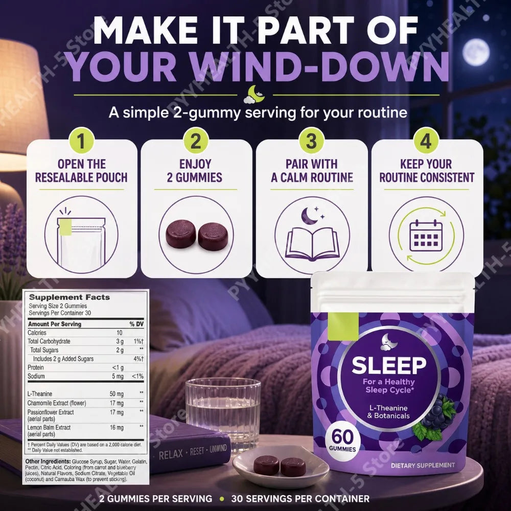 Blackberry-flavor L-Theanine gummies for sleep by S And B Enterprise, 60-count purple pouch with chamomile, lemon balm, and passionflower