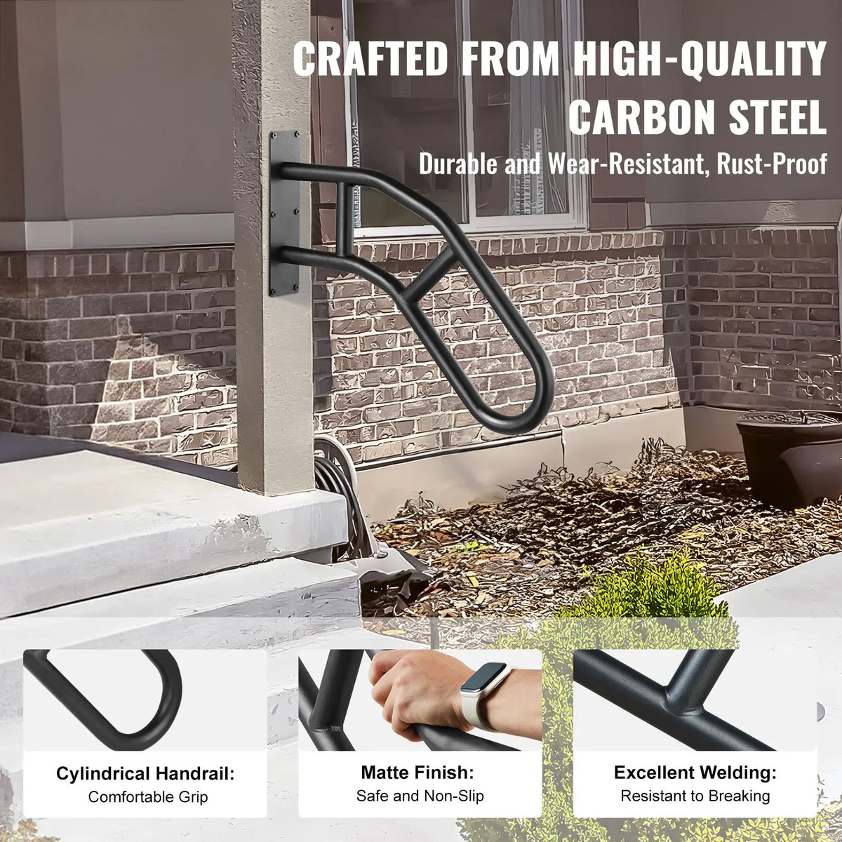 Handrail by S And B Enterprise, matte black U-shaped outdoor wall-mounted for 1–3 steps, 32-inch long.