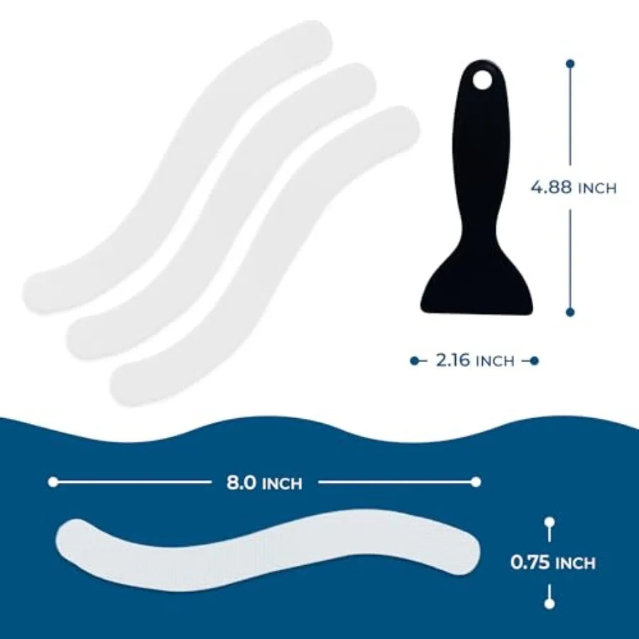 Anti-Slip Shower Stickers by S And B Enterprise; three white curved bath strips, 8 inches long and 0.75 inches wide.