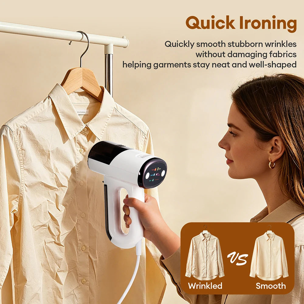 S And B Enterprise handheld garment steam iron with white body and black lid, wrinkle remover for travel