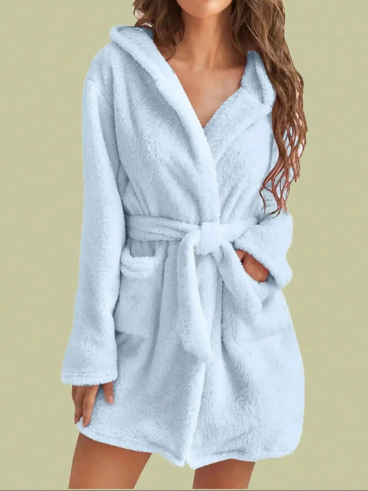 Women's Hooded Fleece Robe With Belt For Cozy Winter Home by S And B Enterprise