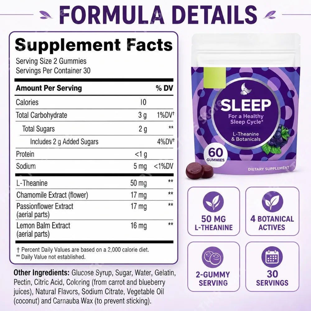 L-Theanine blackberry gummies for sleep with chamomile, lemon balm and passionflower – 60 count