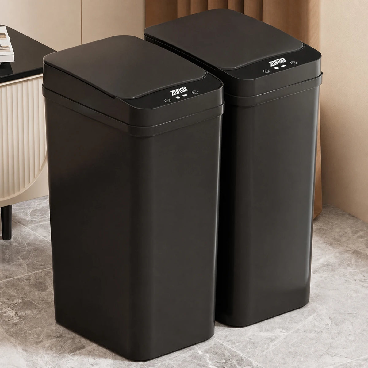 2-pack black slim sensor trash cans with touch-free lids 12L and 15L by S And B Enterprise