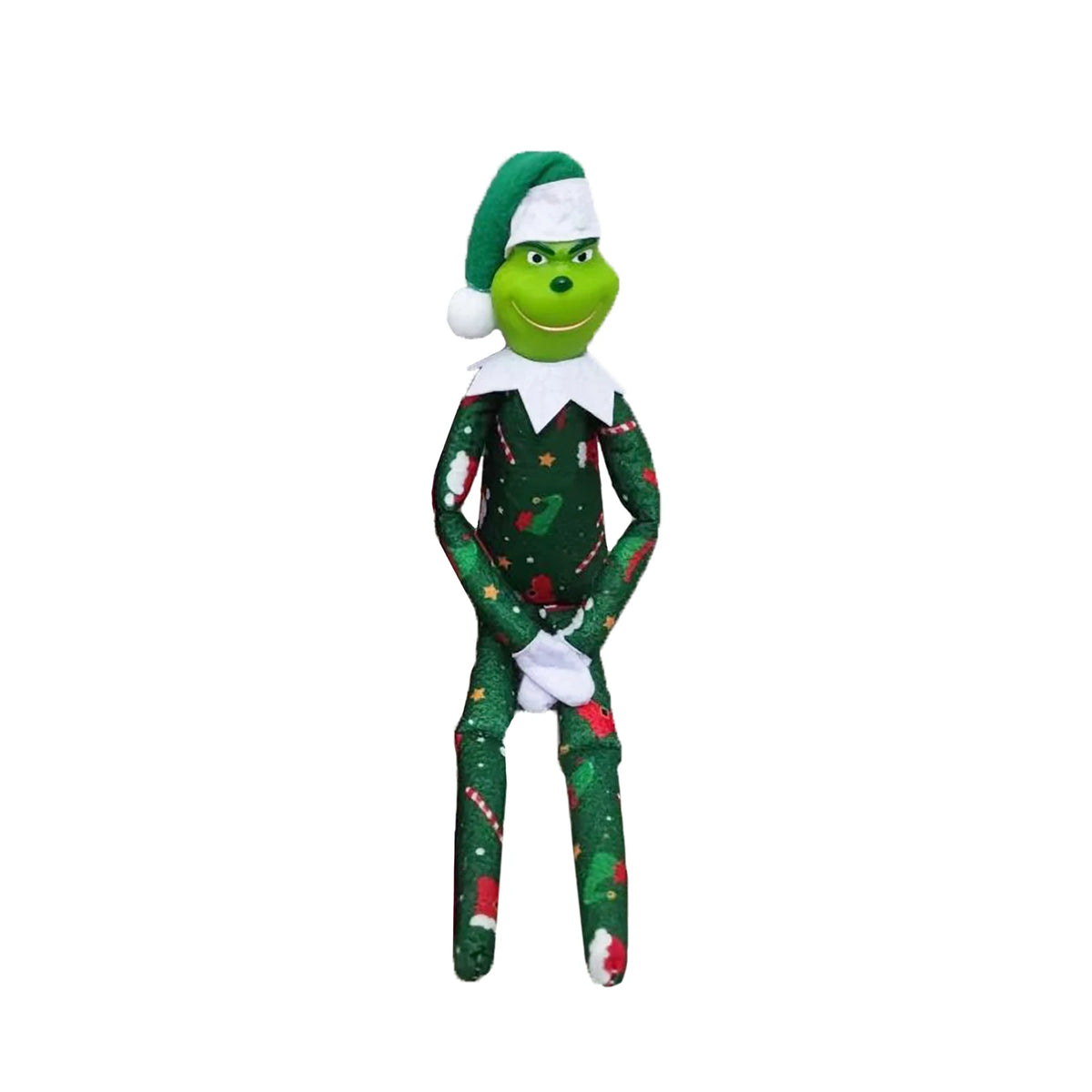 S And B Enterprise Christmas Elf Plush Doll in green candy cane suit with white collar and hat