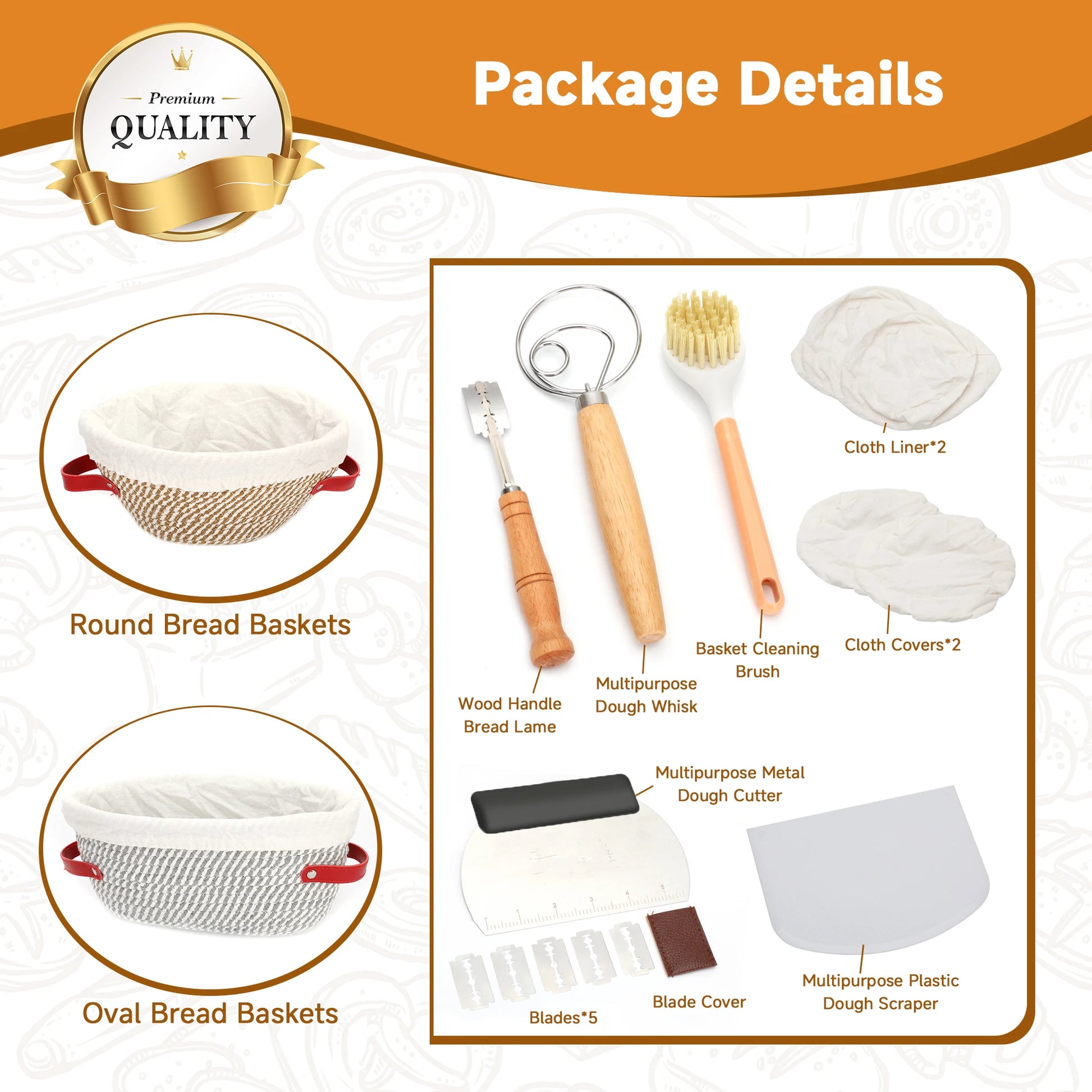 17-piece bread proofing basket set with 9in round and 10in oval baskets by S And B Enterprise in beige