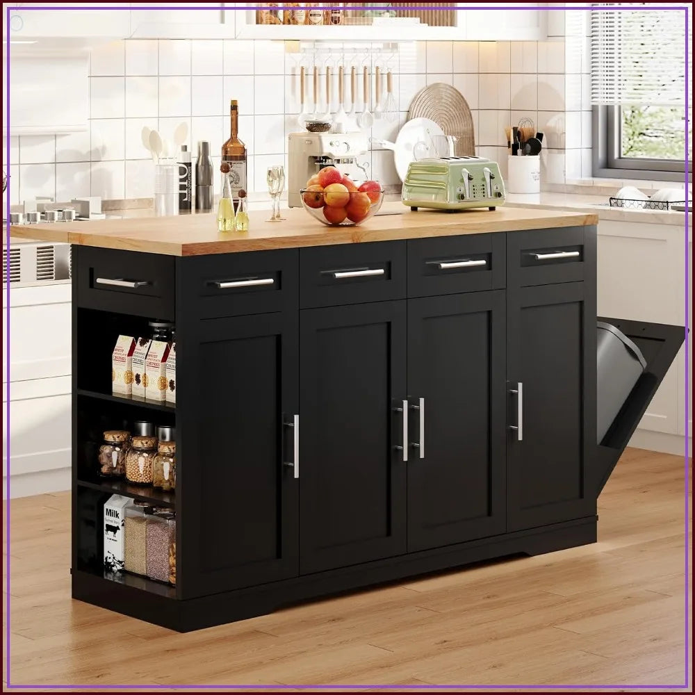 53-inch rolling kitchen island, S And B Enterprise; black cabinets, wood top, drop-leaf, trash can, power outlet