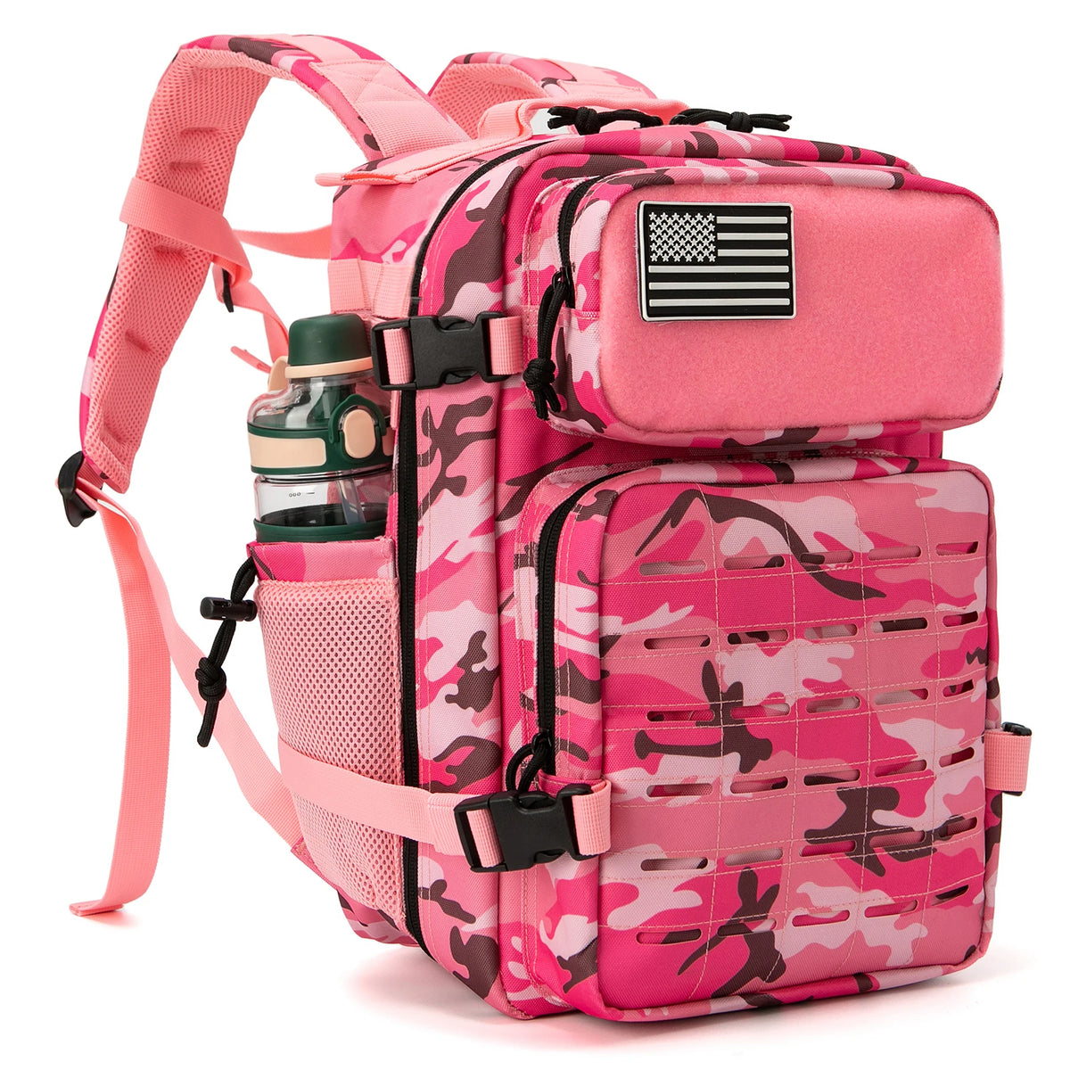 Pink camo 25L tactical backpack with US flag patch, side water bottle pocket, MOLLE panels, pink padded straps.