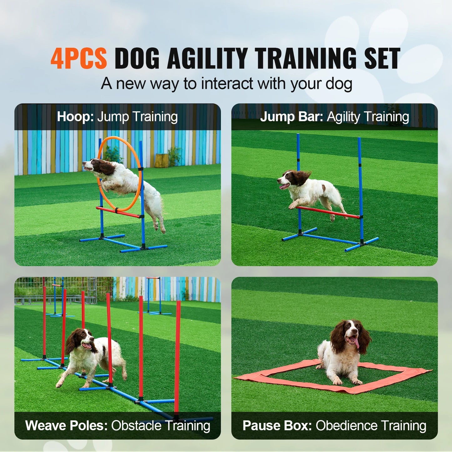 SucceBuy Dog Agility Training Equipment 4 PCS Set with Adjustable High Hurdles 6 Weave PolesJump Ring Square Pause Box Whistle by S And B Enterprise