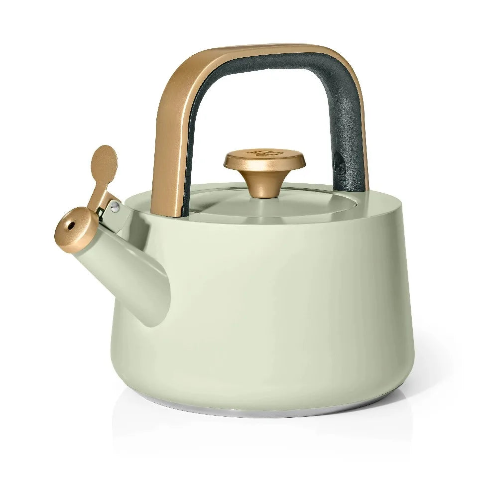 Tea kettle sage green ceramic non-stick with gold-tone handle
