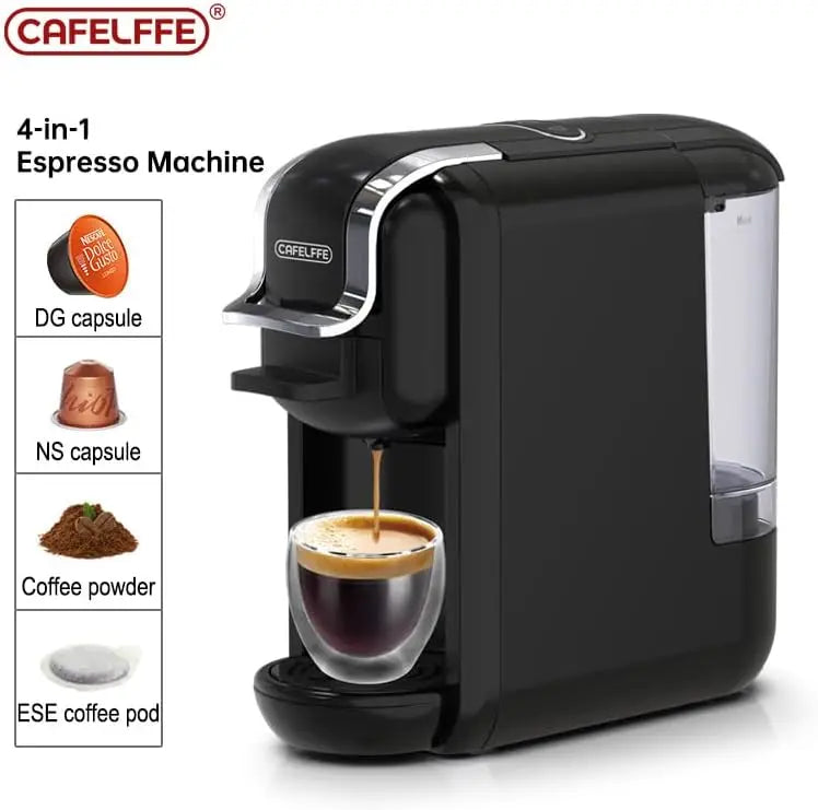 CAFELFFE black 4-in-1 espresso machine; 19 bar, compact, supports DG/NS capsules, ESE pods and coffee powder.