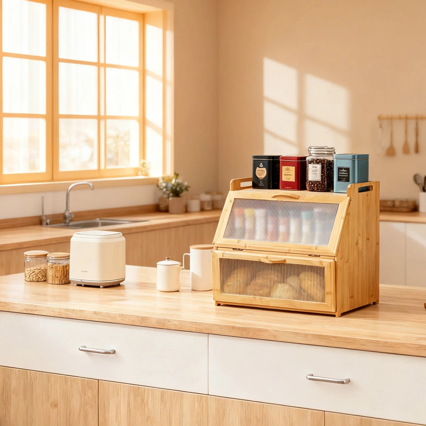 Double-layer wooden bread storage box in farmhouse style on countertop with four canister jars on top
