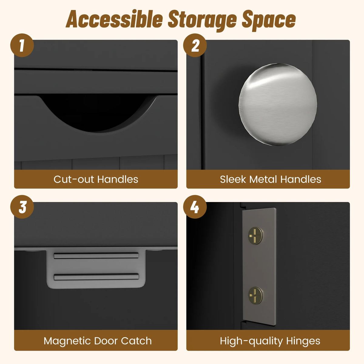 S And B Enterprise black bathroom floor cabinet with 3 drawers and 1 cupboard.
