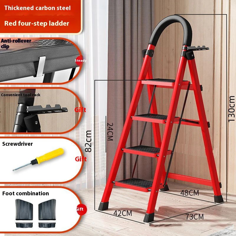 S And B Enterprise adjustable red zigzag folding ladder, carbon steel, 4-step for home and garden