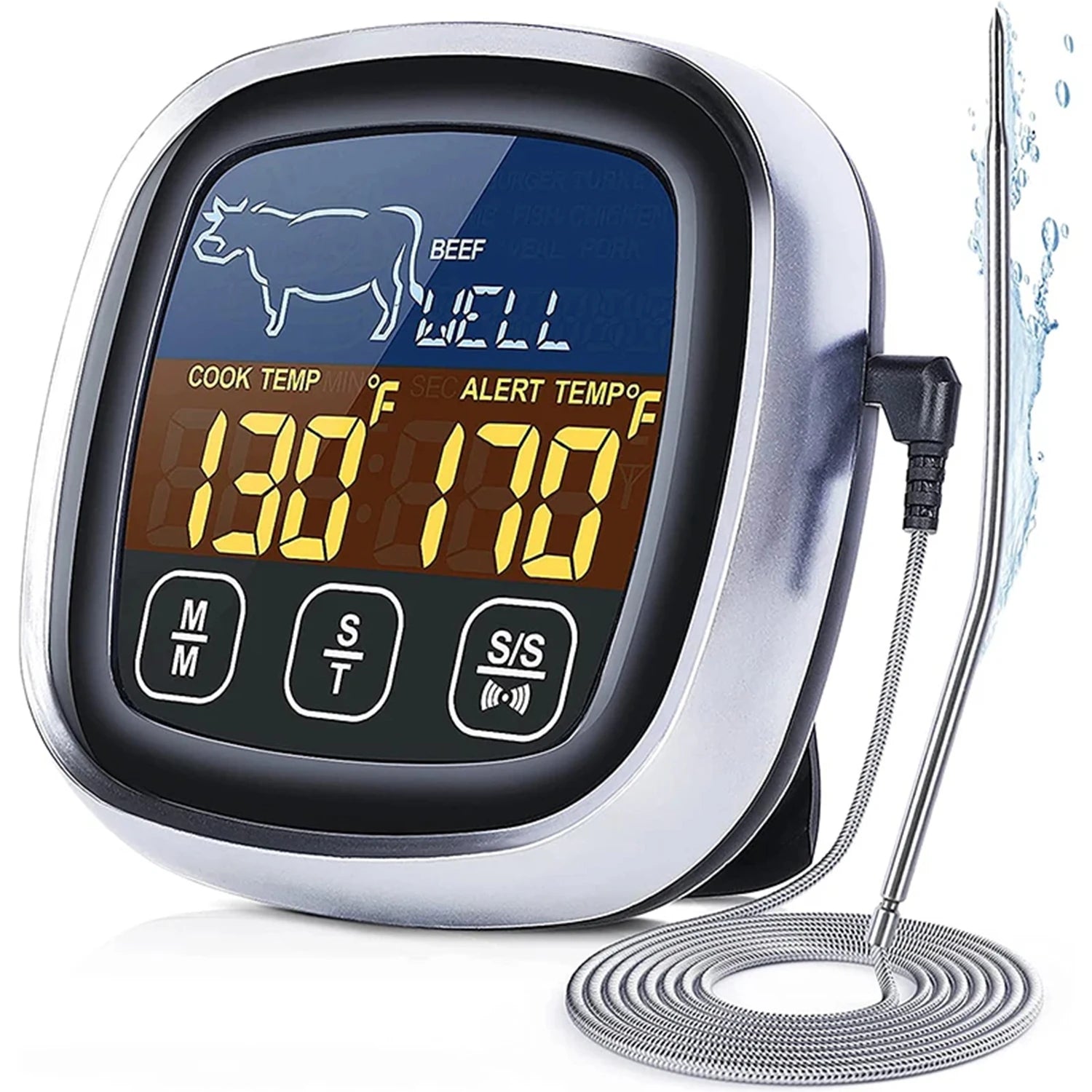 Dual-probe digital BBQ meat thermometer with stainless steel probes, by S And B Enterprise