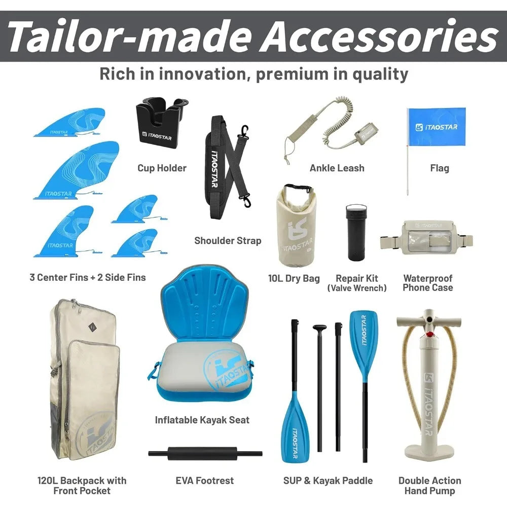 Extra wide inflatable paddle board accessory kit with 5 fins, paddles, pump, dry bag, kayak seat and backpack by S And B Enterprise