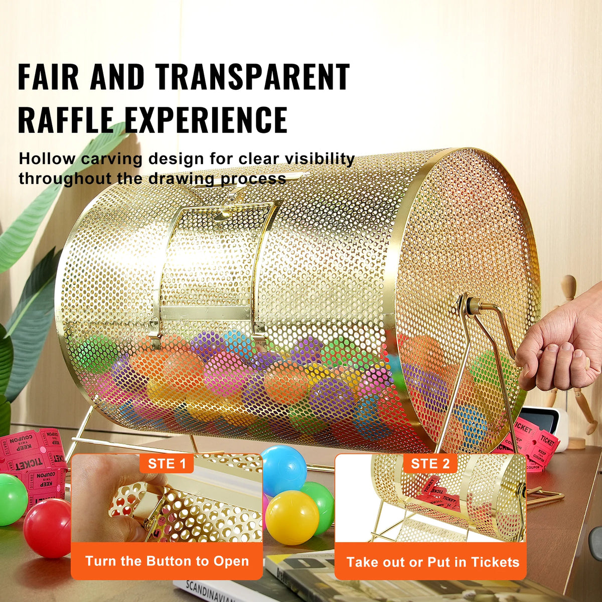 Brass-plated raffle drum with transparent perforated body holding 10000 tickets or 300 ping pong balls