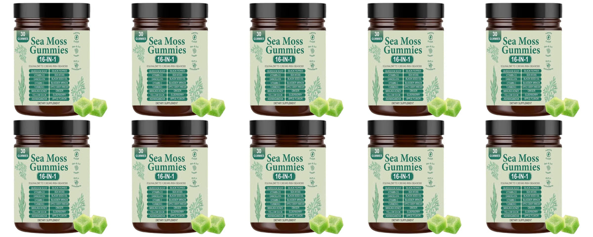 Set of 10 Sea Moss Gummies 16-IN-1 Apple Flavor by S And B Enterprise, daily wellness supplement, 30 gummies per bottle.