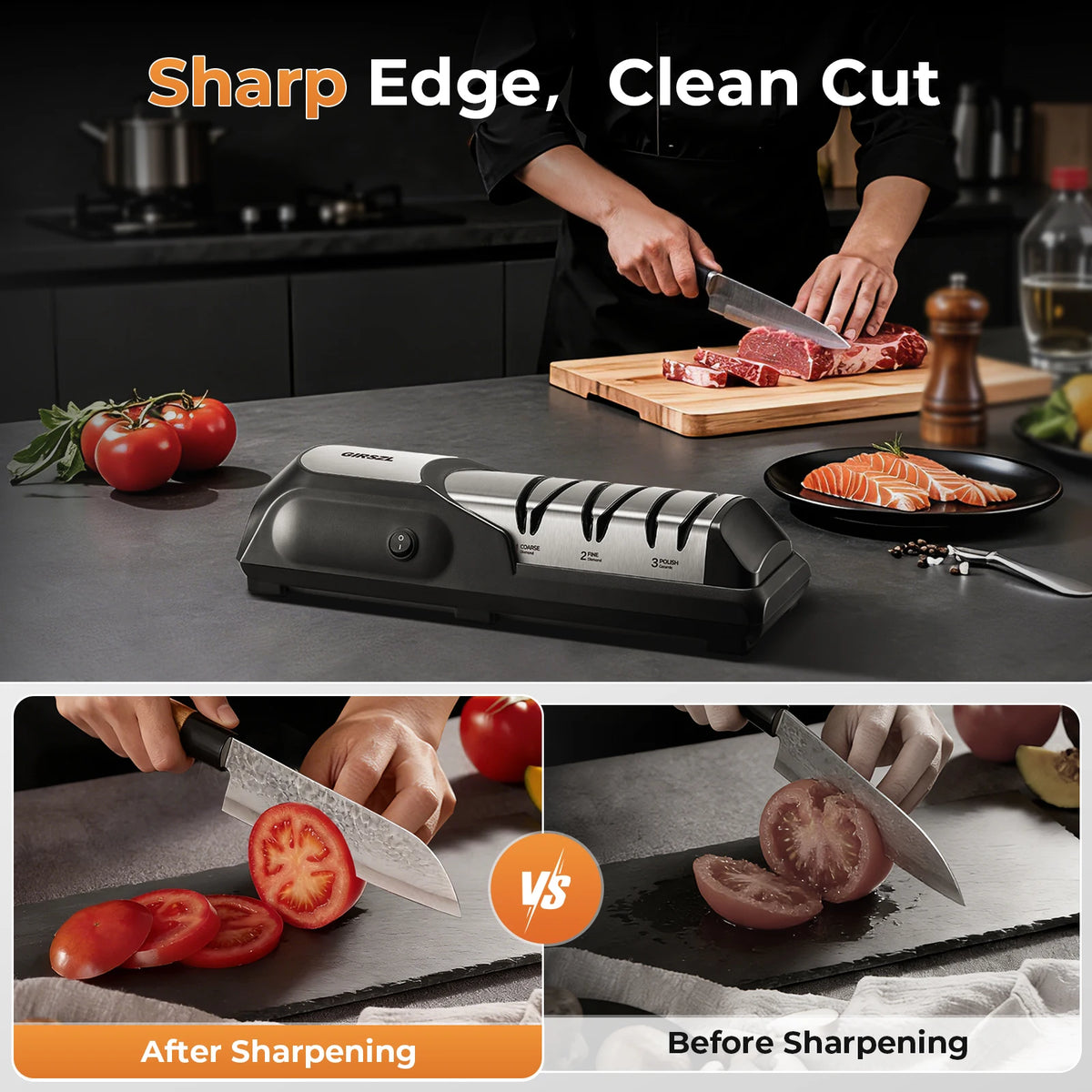 One Touch Electric Knife Sharpener, black and silver with fixed 15° angle, diamond wheel, quiet copper motor
