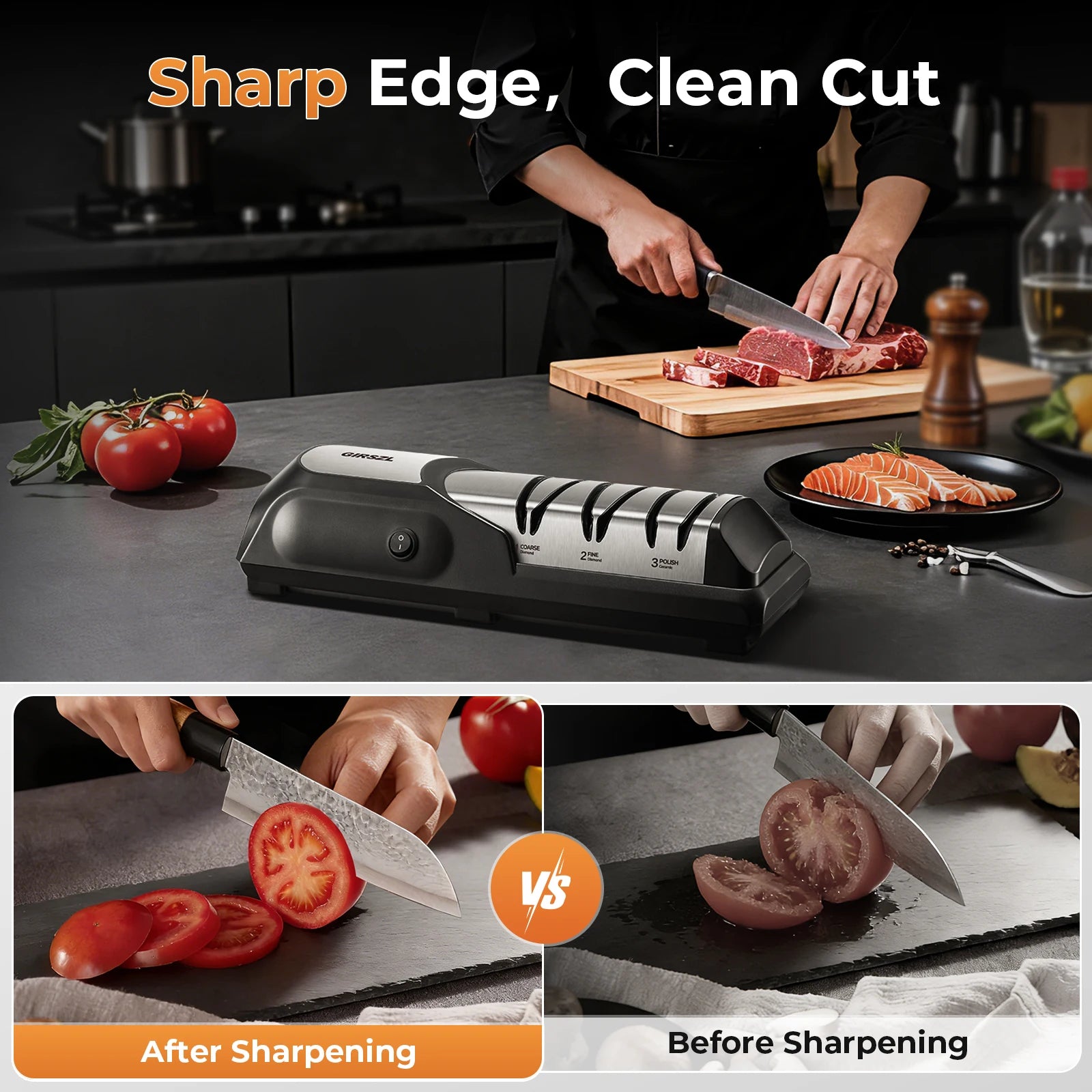 One Touch Electric Knife Sharpener, black and silver with fixed 15° angle, diamond wheel, quiet copper motor