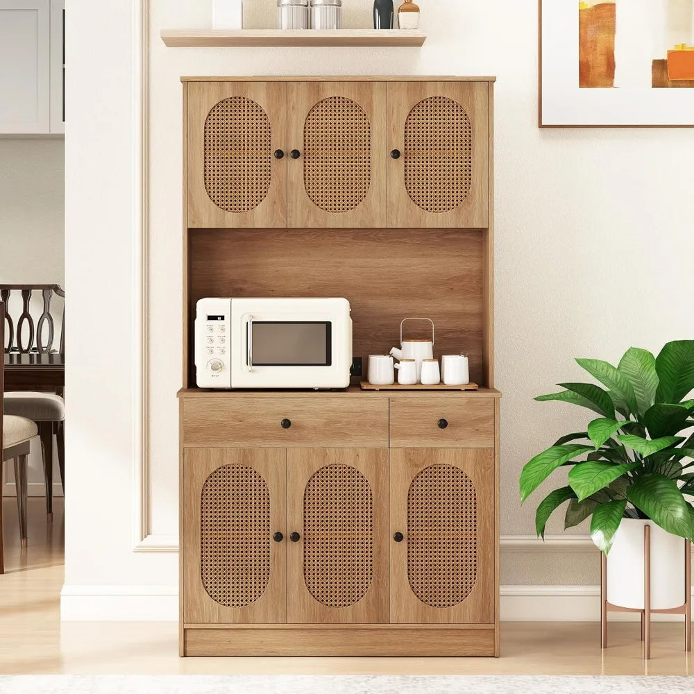 Kitchen Hutch, 71" Tall Boho Pantry Cabinet w/Charging Station, Microwave Countertop, 6 PE Rattan Door, 2 Drawer, Customized by S And B Enterprise