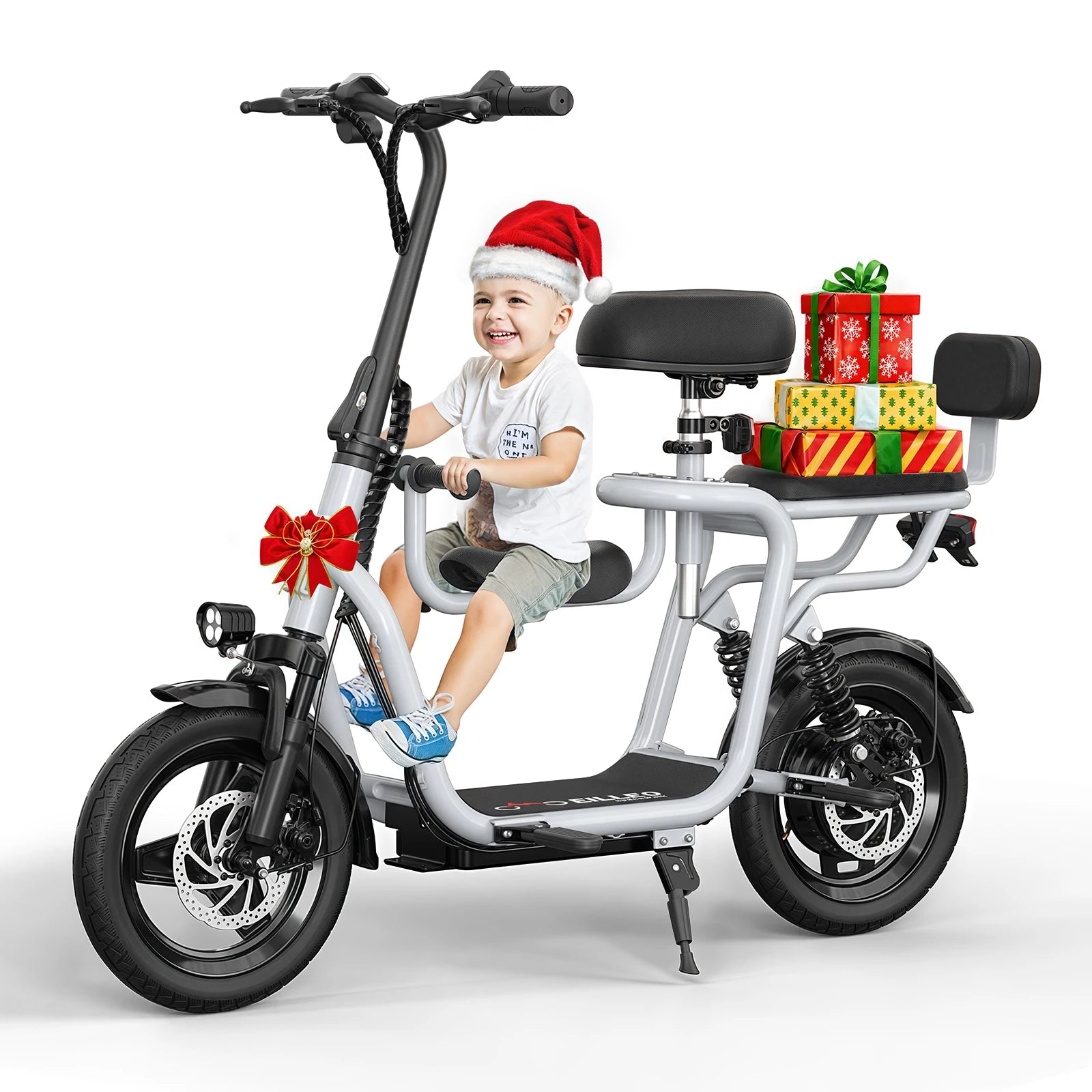 Electric scooter with adult seat from S And B Enterprise, 36V 500W, 20-mile range, shown with child and holiday gifts.