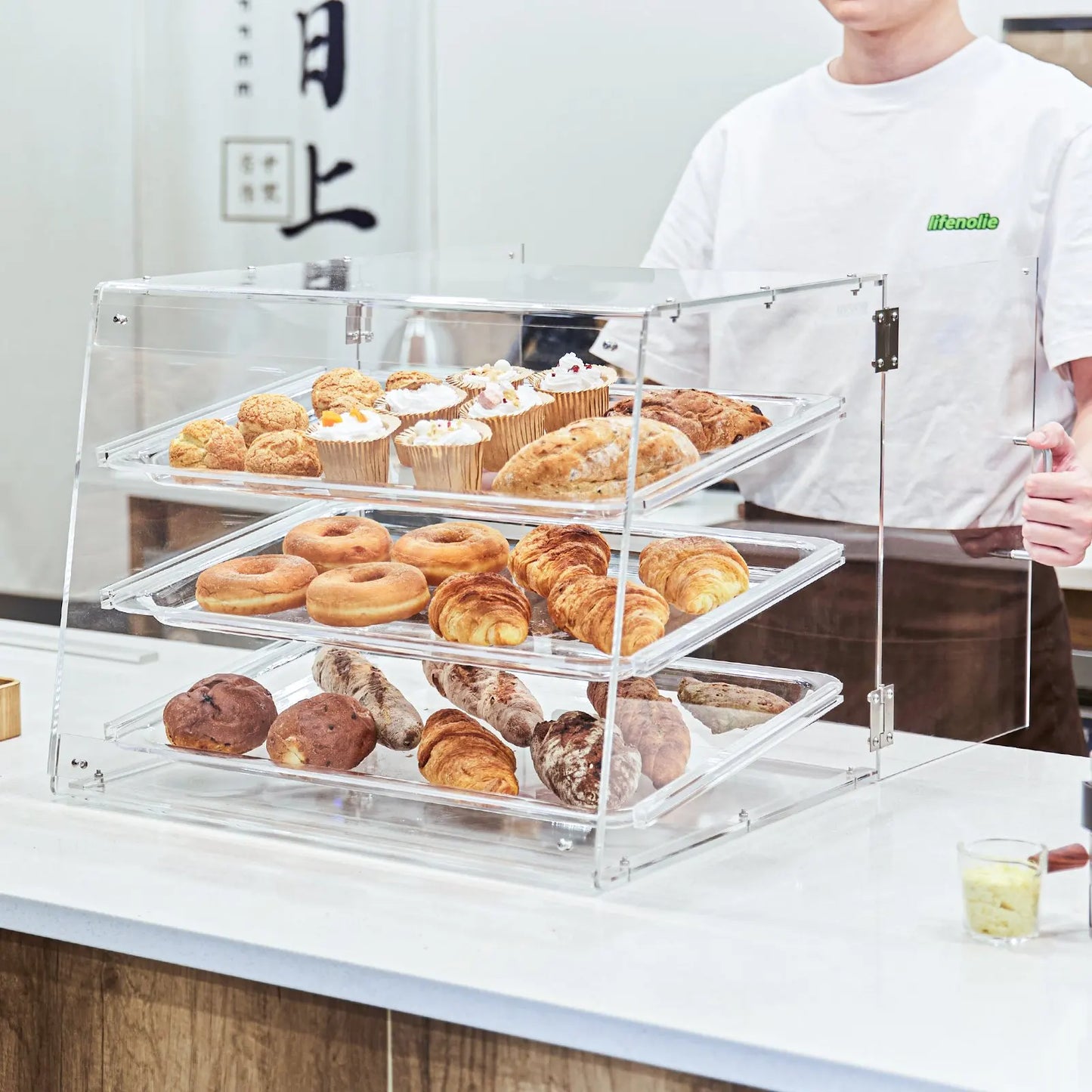Pastry Display Case 3 Tier Countertop Bakery Acrylic Display Rear Door Access