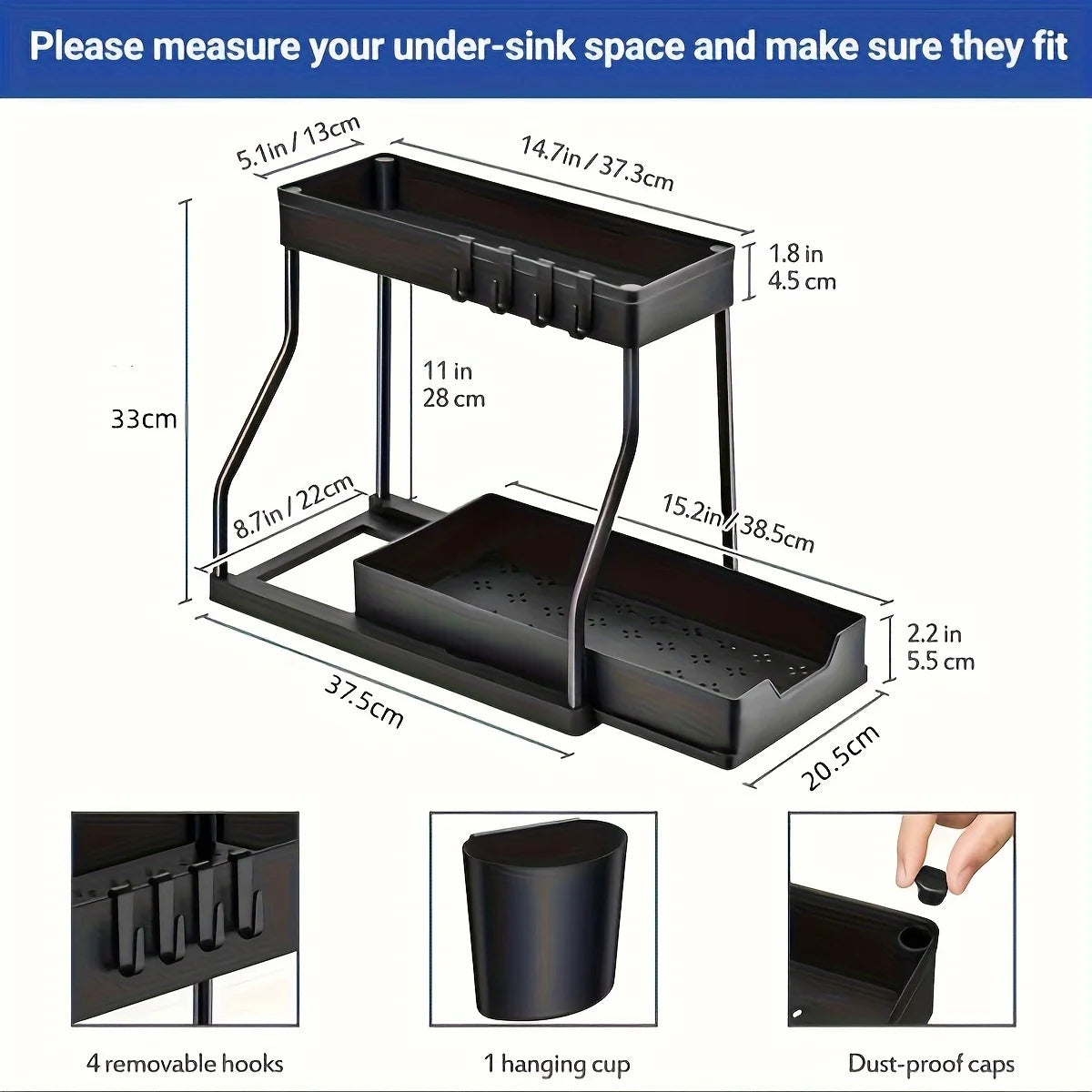 Space Saving 2-Tier Under Sink Organizer by S And B Enterprise; black metal frame with pull-out storage and 4 removable hooks