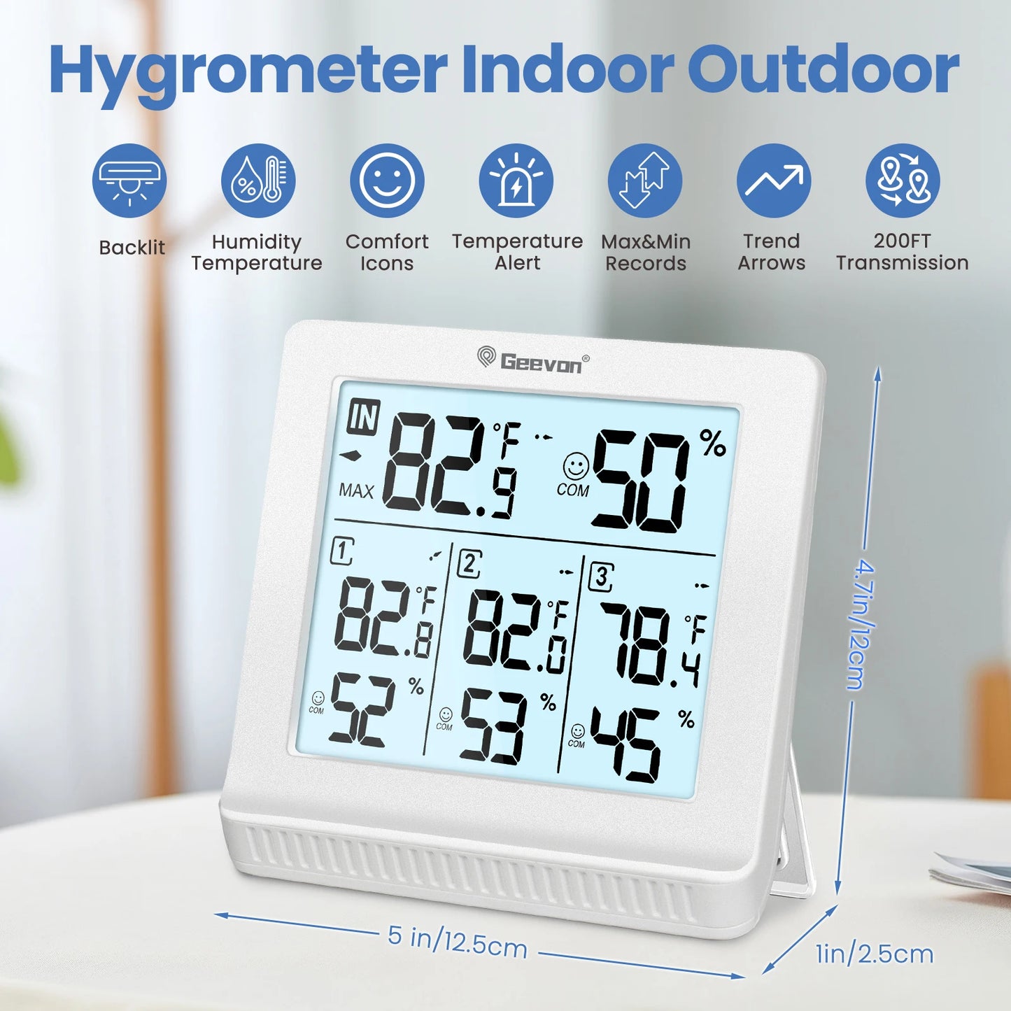Geevon indoor/outdoor wireless thermometer with 3 remote sensors, white digital hygrometer display