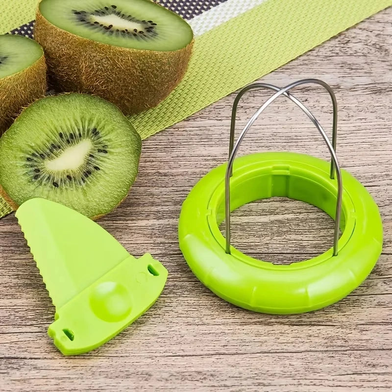 Kiwi cutter peeler in bright green with stainless steel wires, shown with kiwis.