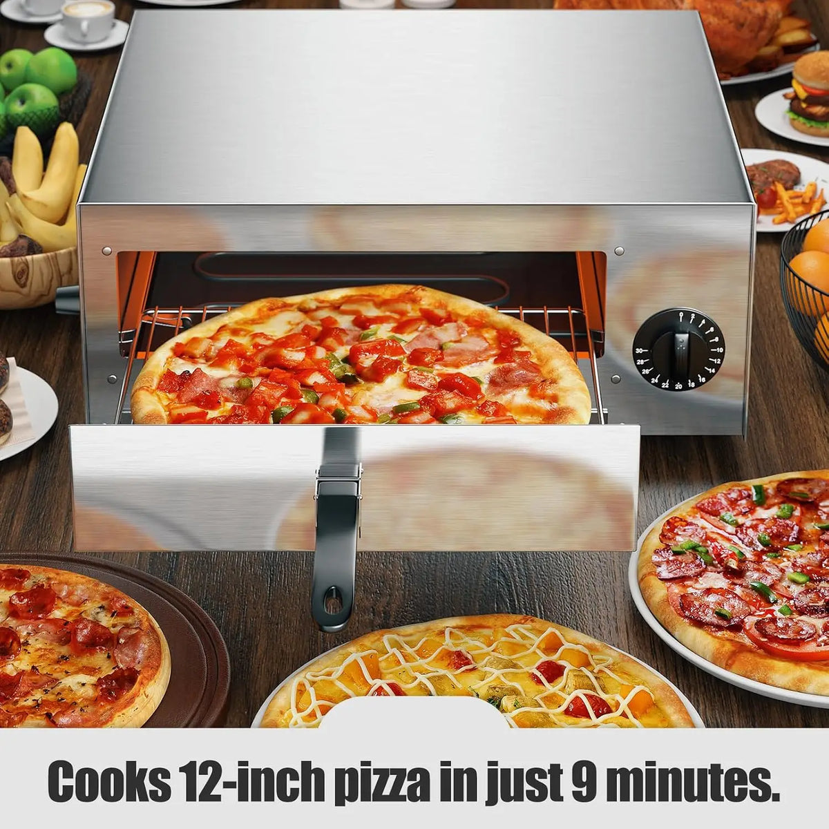 Multifunctional Countertop Pizza Oven Up to 12", Indoor Electric Oven with Handle & Removable Tray, 30-Min Timer, Ideal for Kitc