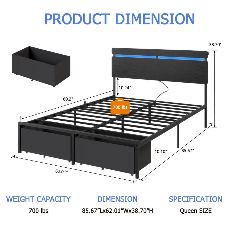 Vellivy Bed Frame With Wood Headboard And Storage Drawers