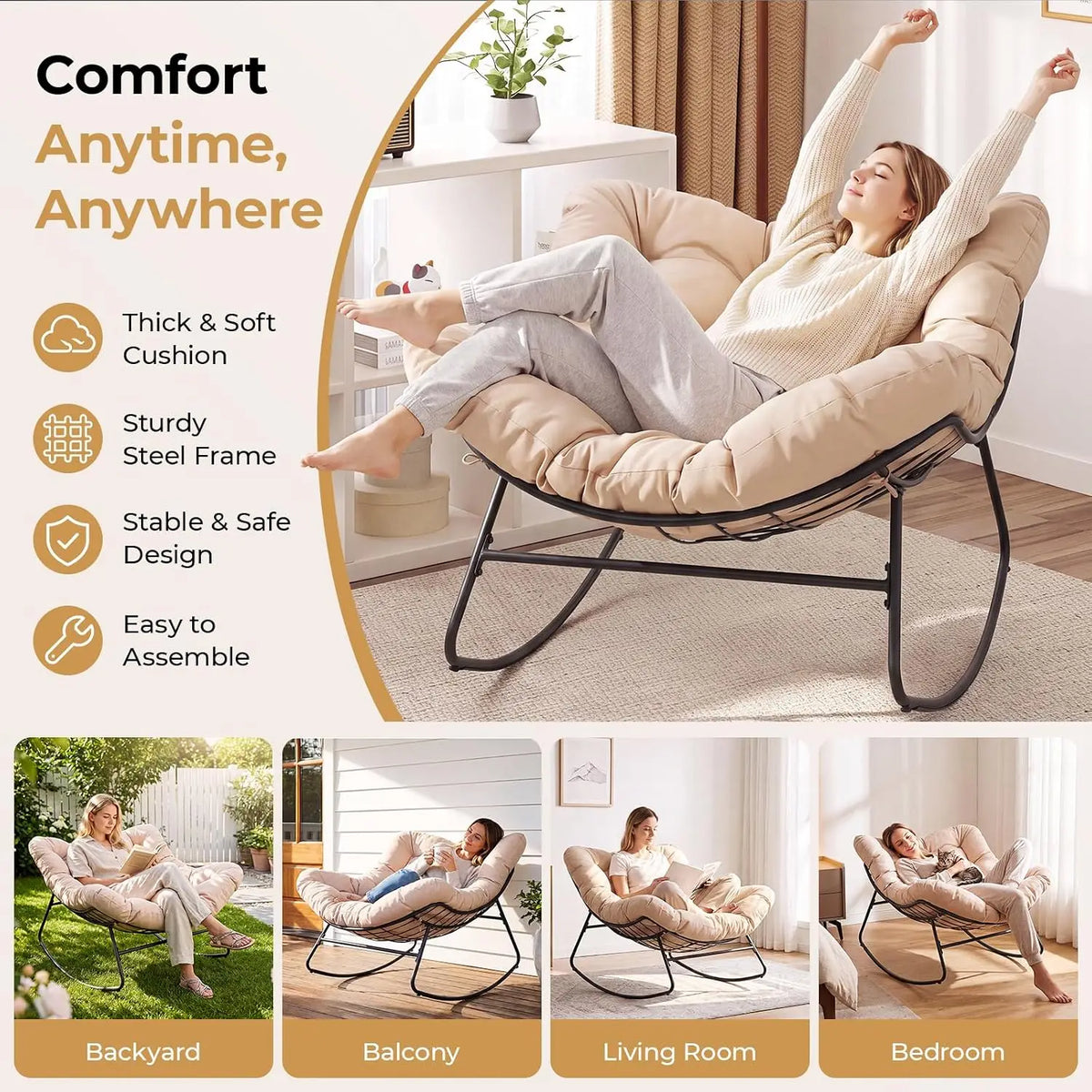 Papasan Rocking Chair, Oversized Patio Lounge Chair, 450 lbs | Oversized Comfort, Smooth & Quiet Rocking, Thick Cushioned Seat,