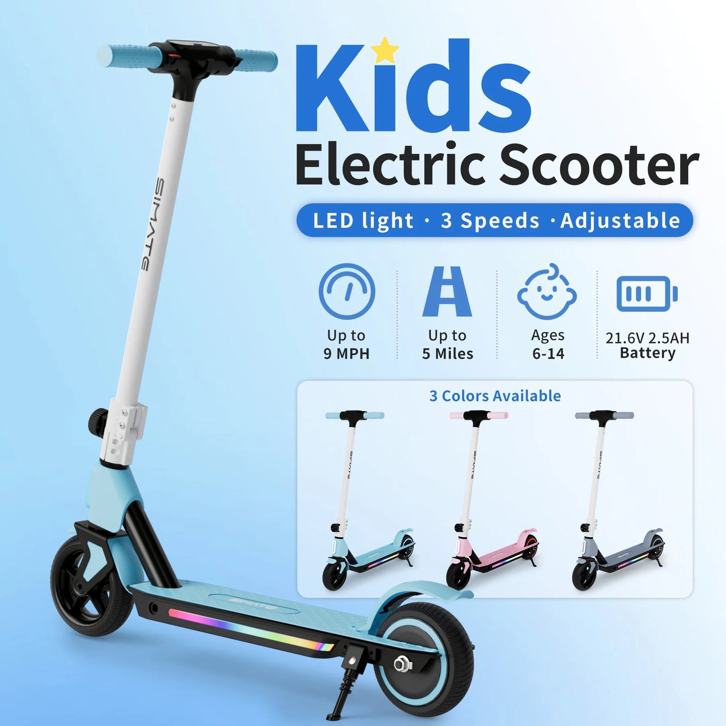 SIMATE Kids Electric Scooter blue, aluminum alloy frame, foldable with LED display and colorful lights