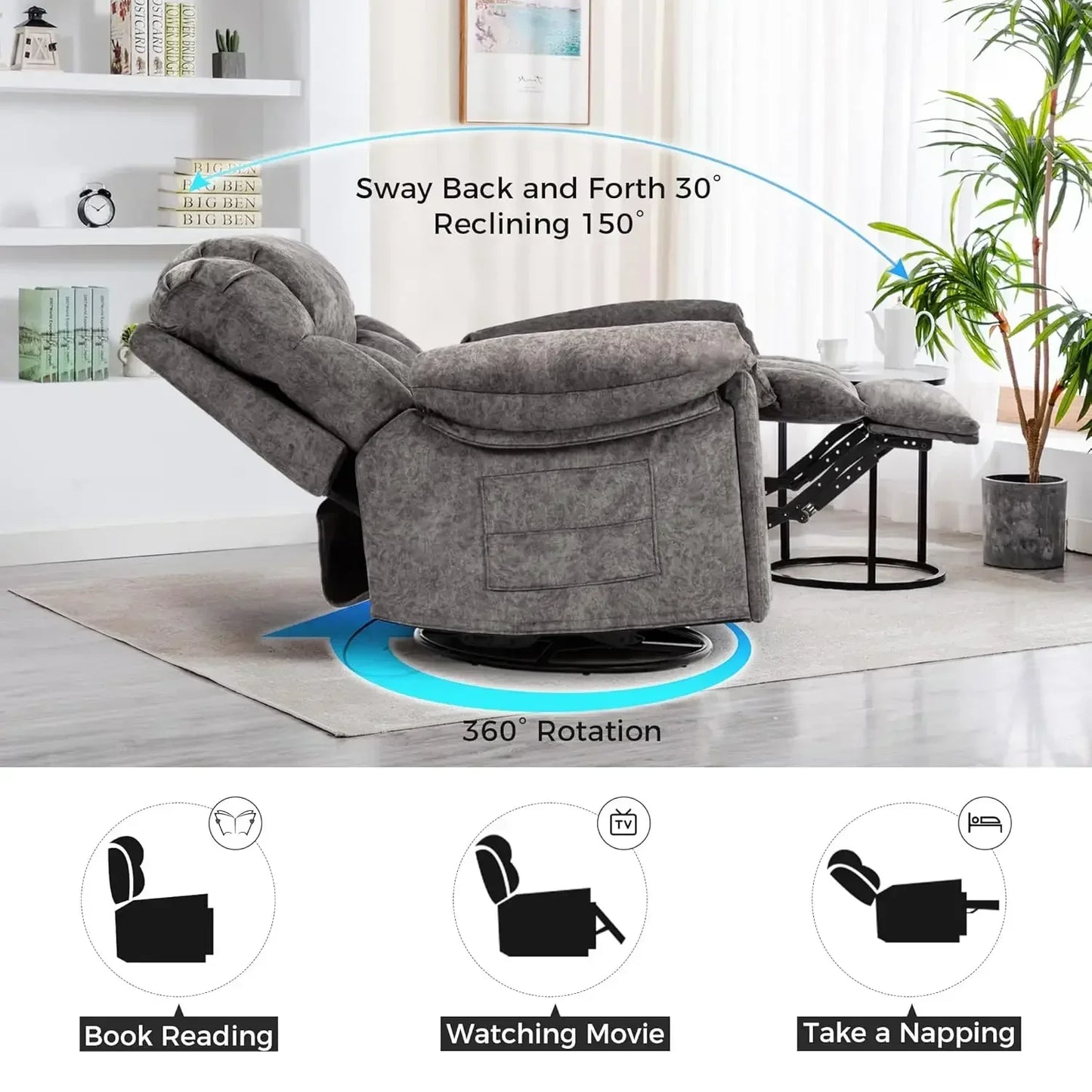 Recliner Chair with Swivel Glider Base for Living Room, Overstuffed Rocker Recliner with Foldable Armrest & Hidden, Customized by S And B Enterprise