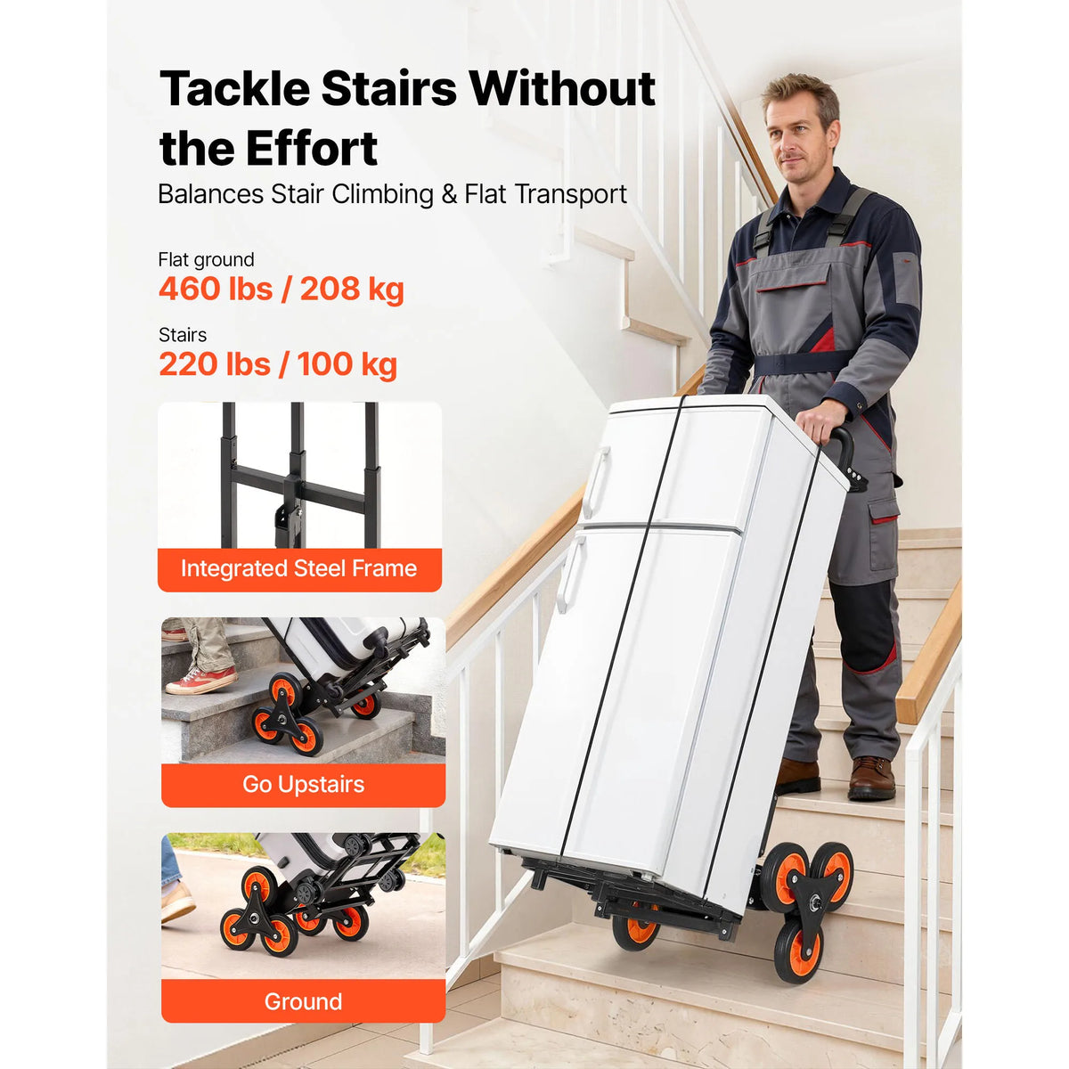 Stair-climbing cart, white folding trolley with telescoping handle and orange wheels used to haul items up stairs.