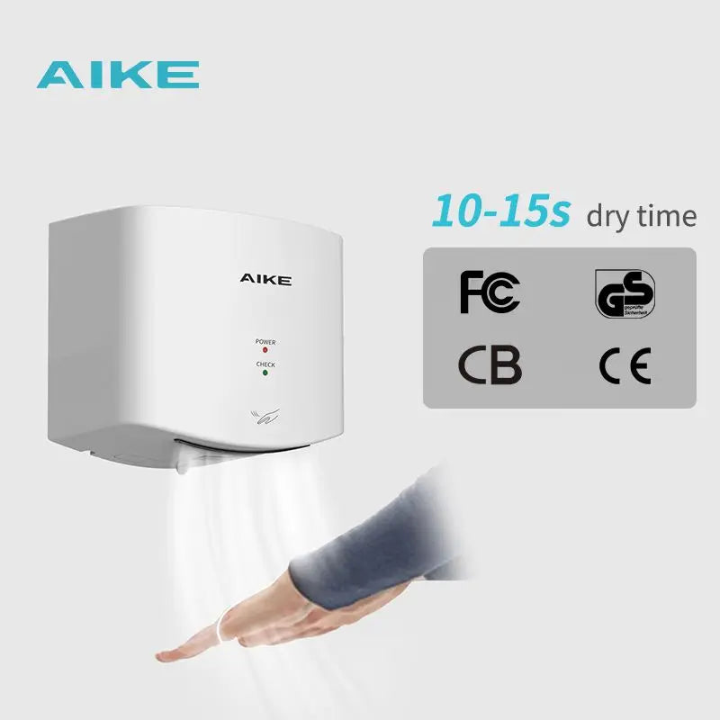 AIKE automatic sensor hand dryer 1400W white wall-mounted unit with 10–15s dry time