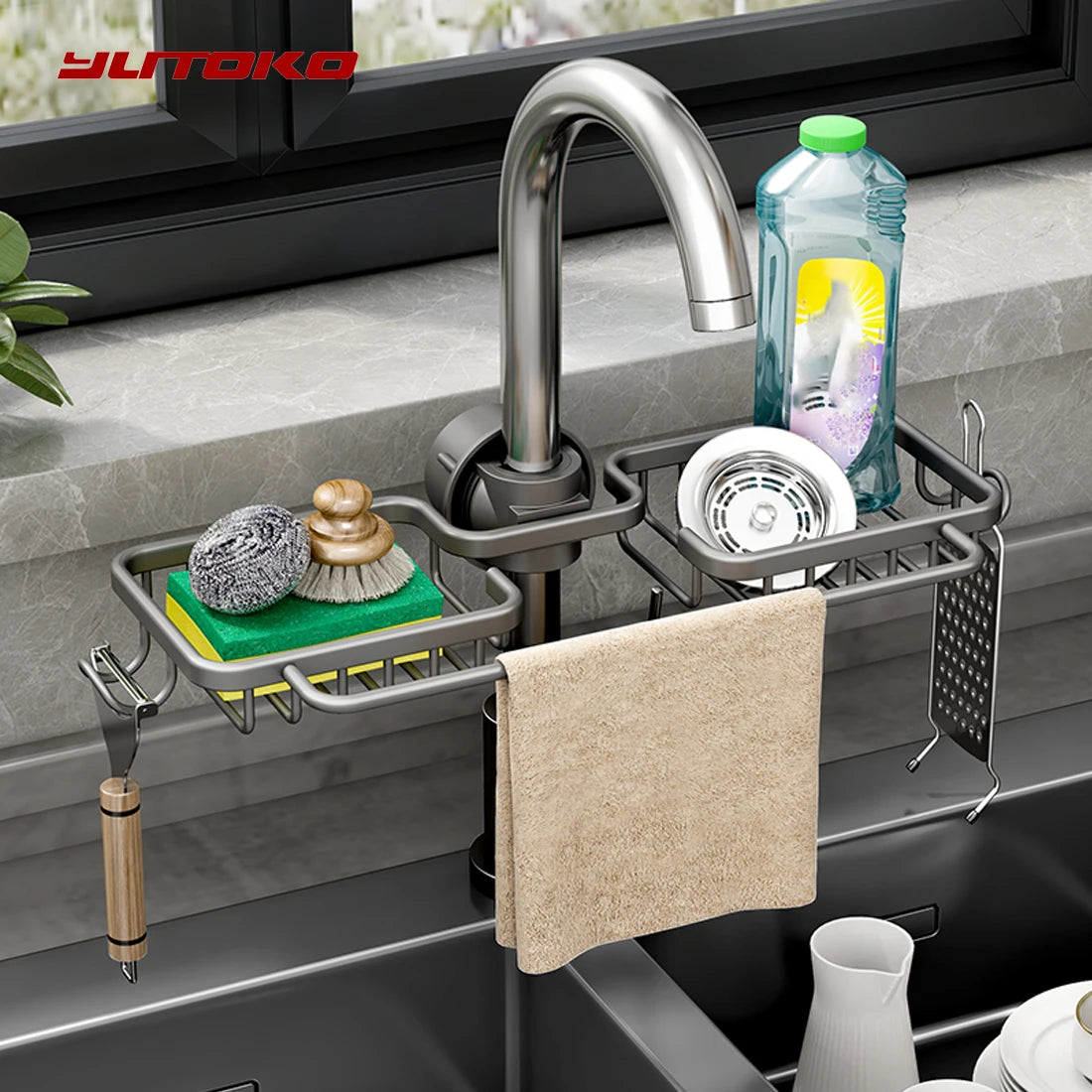 Two-basket aluminum sink drain rack by YLTOKO with sponge storage and faucet holder
