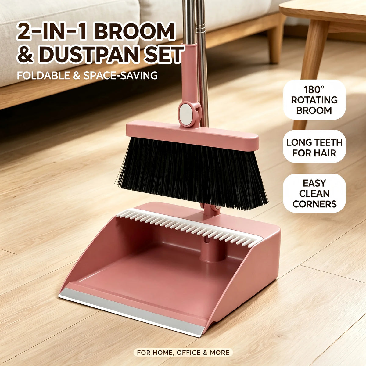 2-In-1 Foldable Broom And Dustpan Combo Set , Long Stainless Steel Handle Self-Cleaning Comb Teeth Floor Sweeping Kit, Windproof Dustpan For Pet Hair Quick Dust Removal, Household Cleaning Supplies For Home Dorm Office Bathro