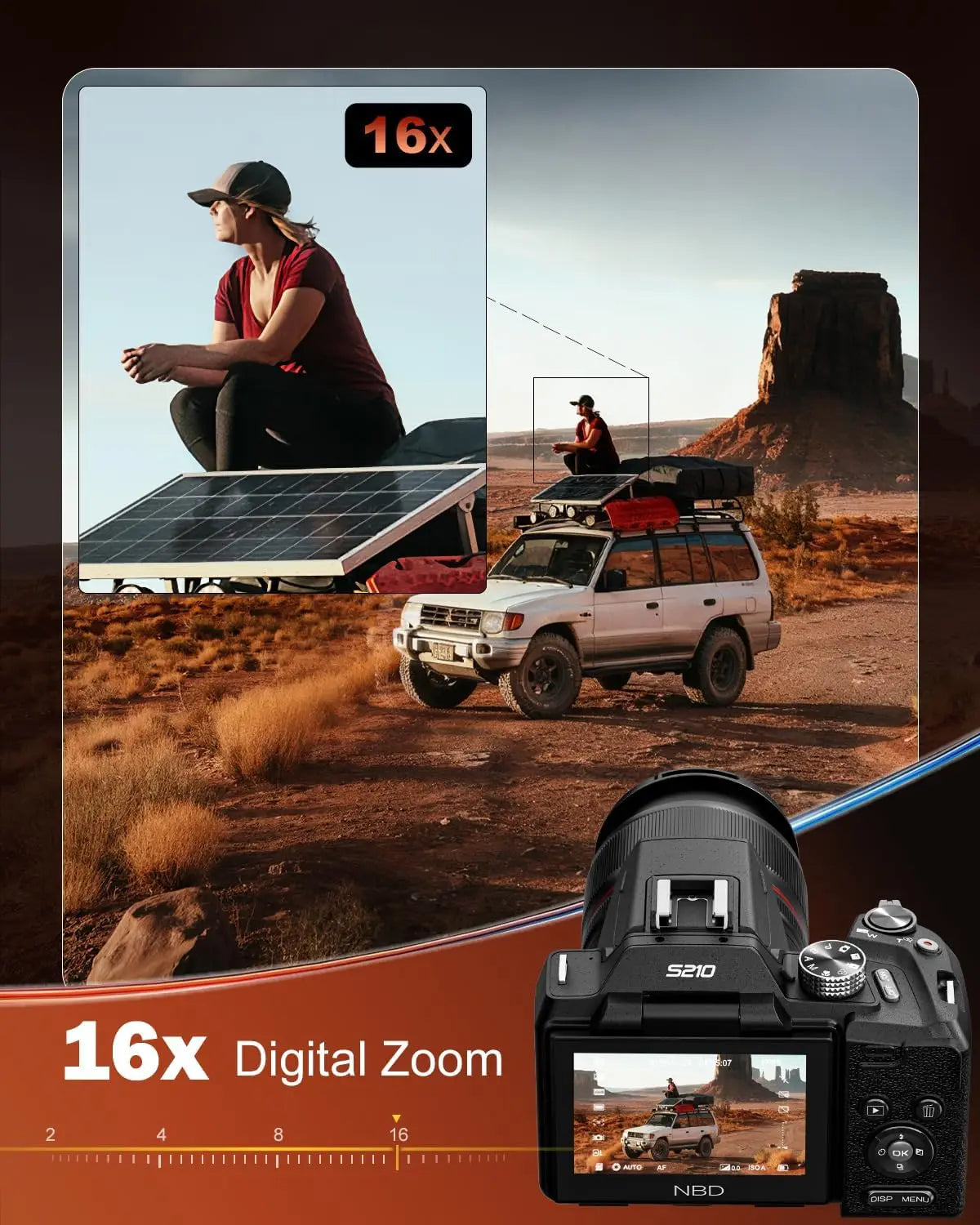8K digital camera for photography and vlogging, black, 64MP, 16x optical zoom, 180-degree flip screen