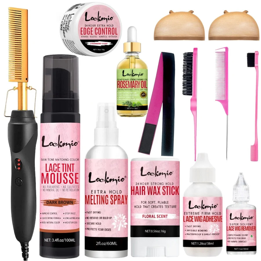 Professional Lace Wig Install Kit by S And B Enterprise with hot comb, edge control, lace tint mousse, rosemary oil