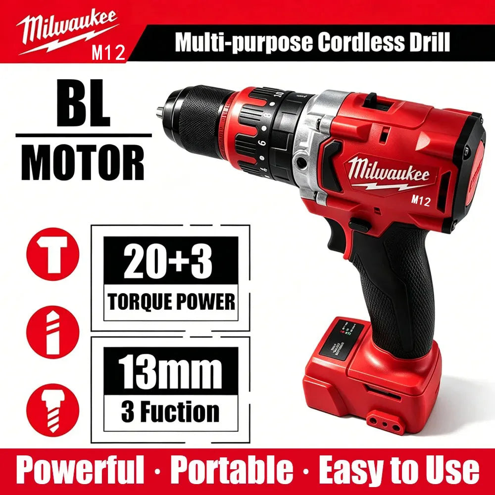Milwaukee M12 cordless drill driver red/black, 20+3 torque, 13mm keyless chuck with Li-ion battery