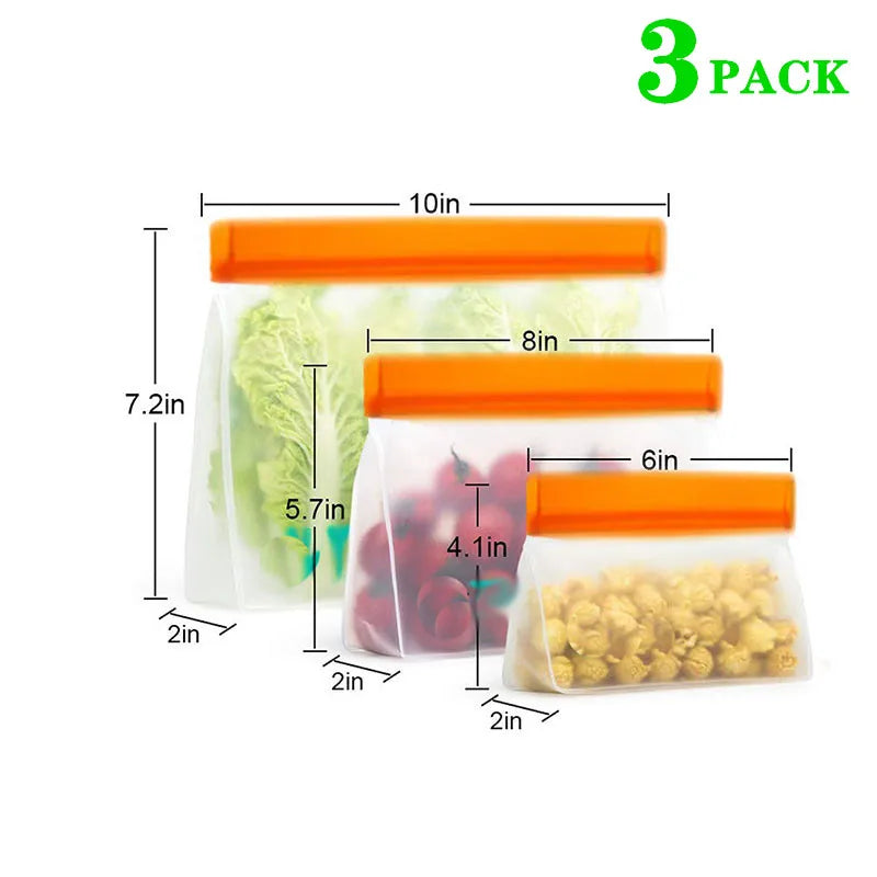 Three-pack reusable PEVA silicone stand-up freezer bags with orange tops and clear bodies (6/8/10in)