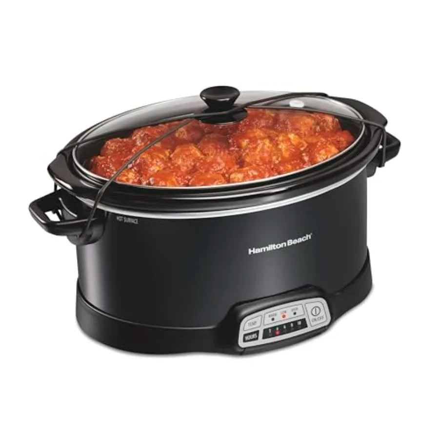 Hamilton Beach 7-quart programmable slow cooker, black with glass lid, lid latch strap and digital controls
