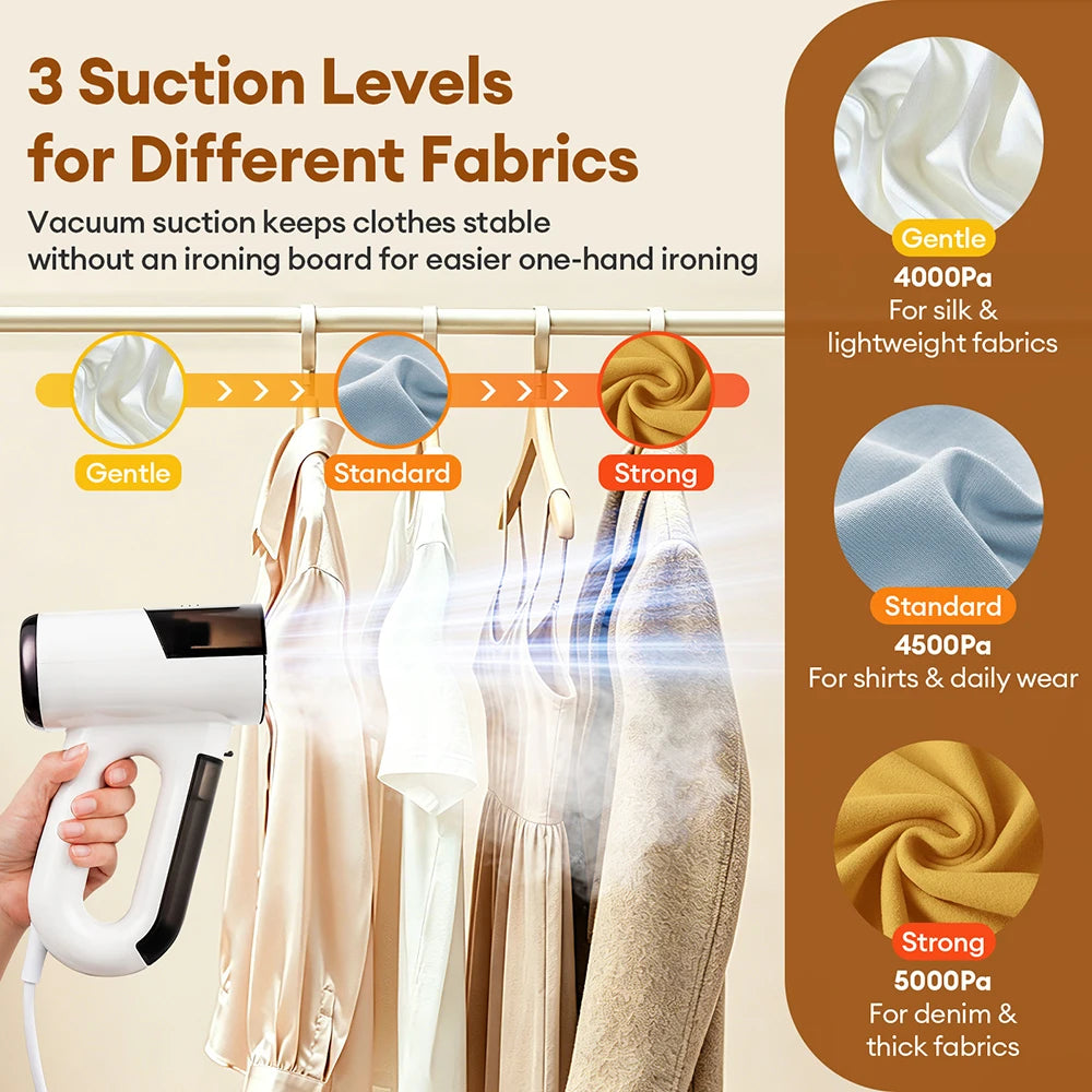 Handheld garment steamer iron by S And B Enterprise with three suction levels for silk, shirts and denim