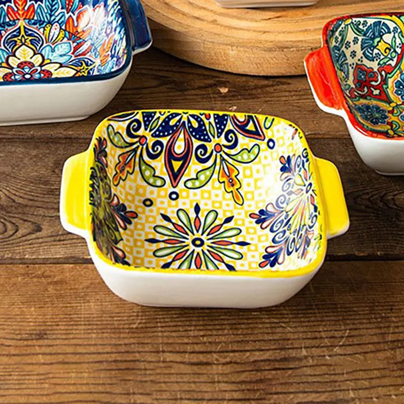 2Only15.24 Bohemian-Style Ceramic Salad Bowl/Pasta Bowl, Reusable Dessert Container with Handle/ Snack Bowl, Boho Tableware by S And B Enterprise