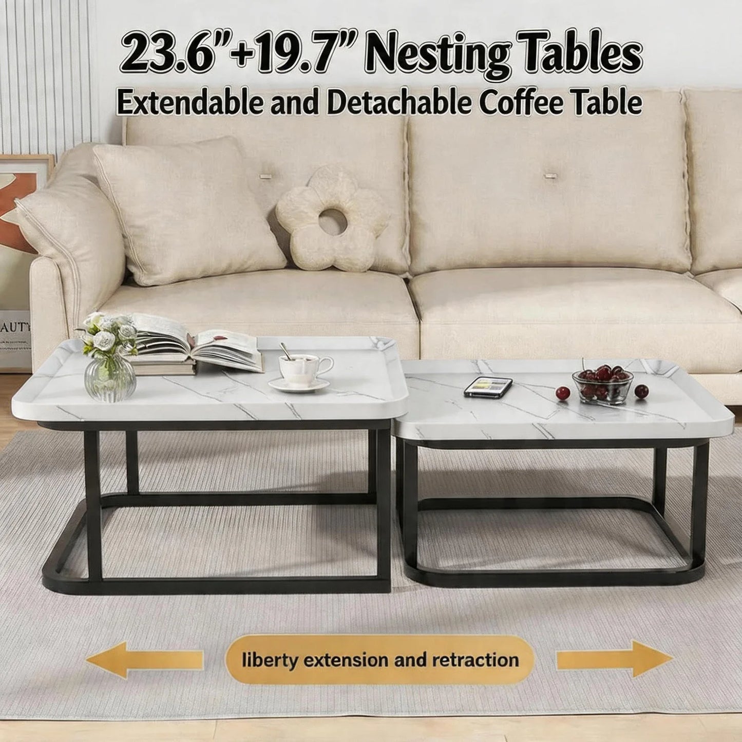 Square Nesting Coffee Tables Set Of 2, Space Saving Small End Table Set For Living Room Bedroom Balcony, Fluted Side Tables Set by S And B Enterprise