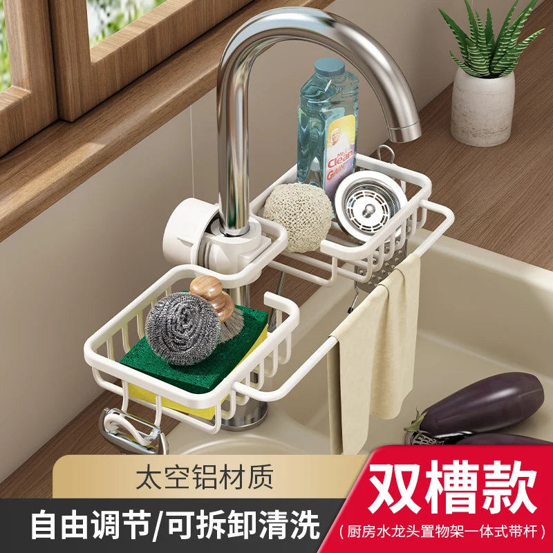 Dual-tier aluminum kitchen sink drain rack with faucet-mounted sponge holder and utensil basket