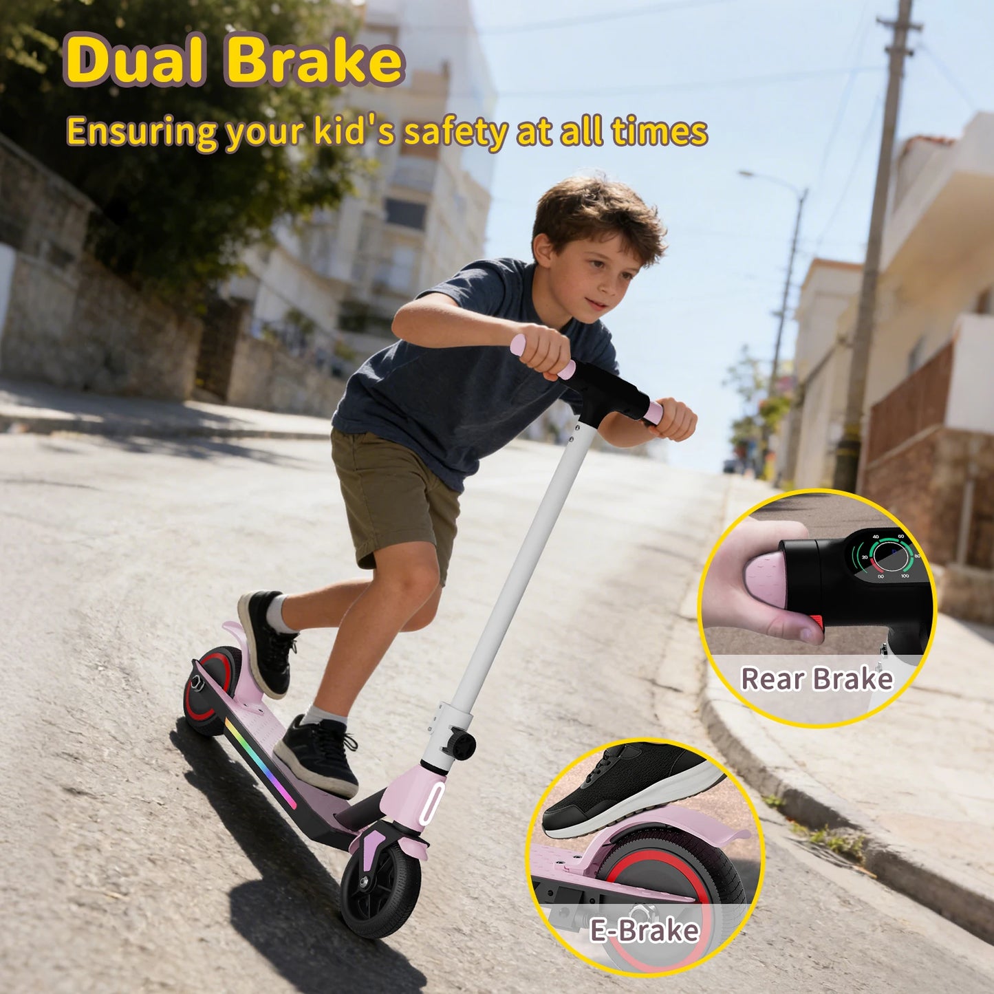 SIMATE kids electric scooter; pink deck with rainbow stripe, foldable aluminum frame, LED display, and dual braking system.