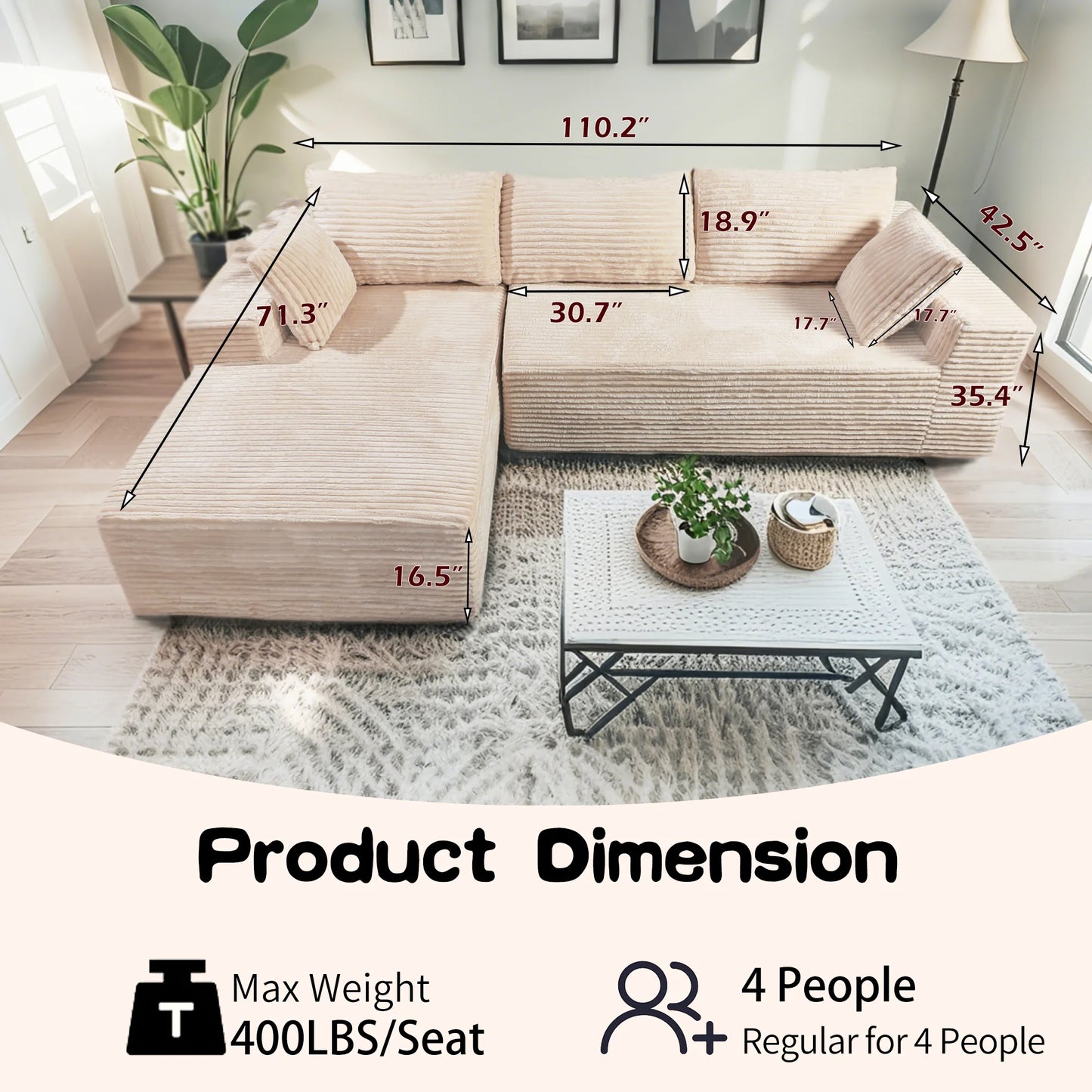 NONECN Cloud-Like Corduroy Sectional Sofa With Chaise And Storage