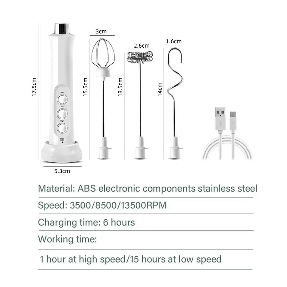 Milk frother: USB rechargeable handheld by S And B Enterprise with three stainless steel whisk heads
